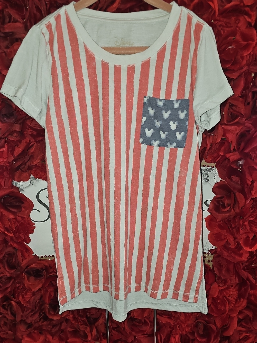 Disney White Red Striped Short Sleeve Flag Tee with Navy Mickey Pocket Sz 10/12
